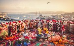 Great panoramic view of Istanbul from high terrace decorated traditional colorful ornamental pillows